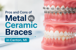 Comparison image showing metal braces and ceramic braces on dental models with the title “Pros and Cons of Metal vs. Ceramic Braces in Canton, MI”.