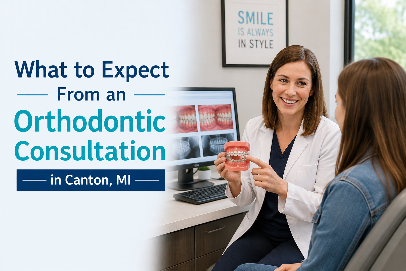 Orthodontist explaining braces treatment during an orthodontic consultation with a patient in Canton, MI.
