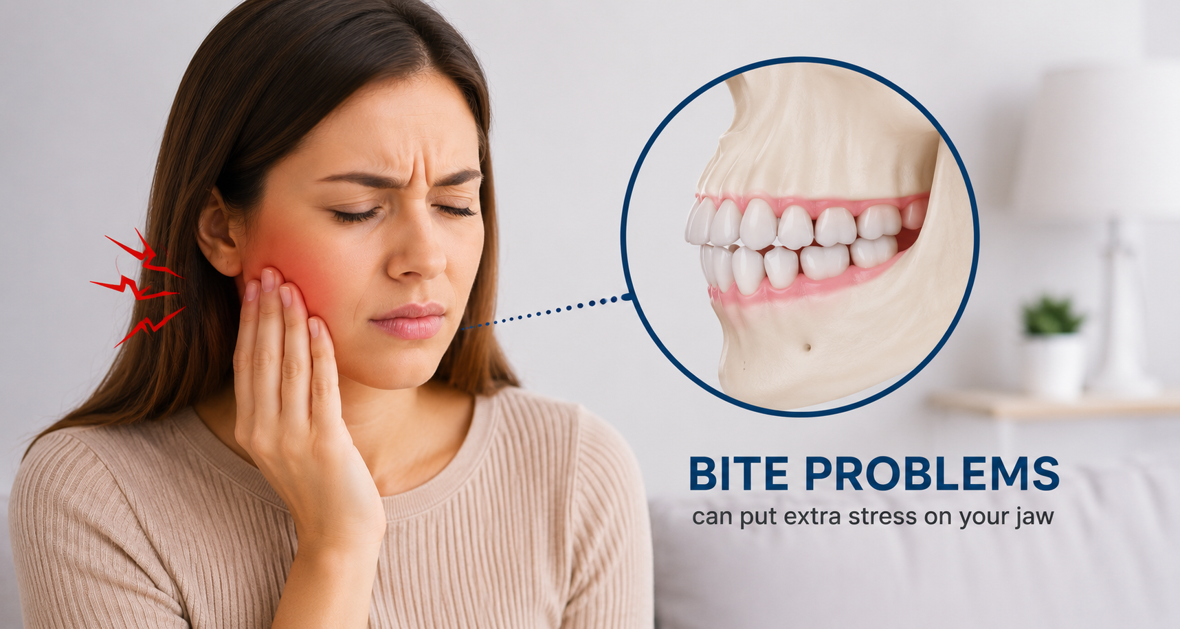 Woman experiencing TMJ jaw pain with an illustration of a misaligned bite, showing how bite problems can contribute to jaw discomfort.