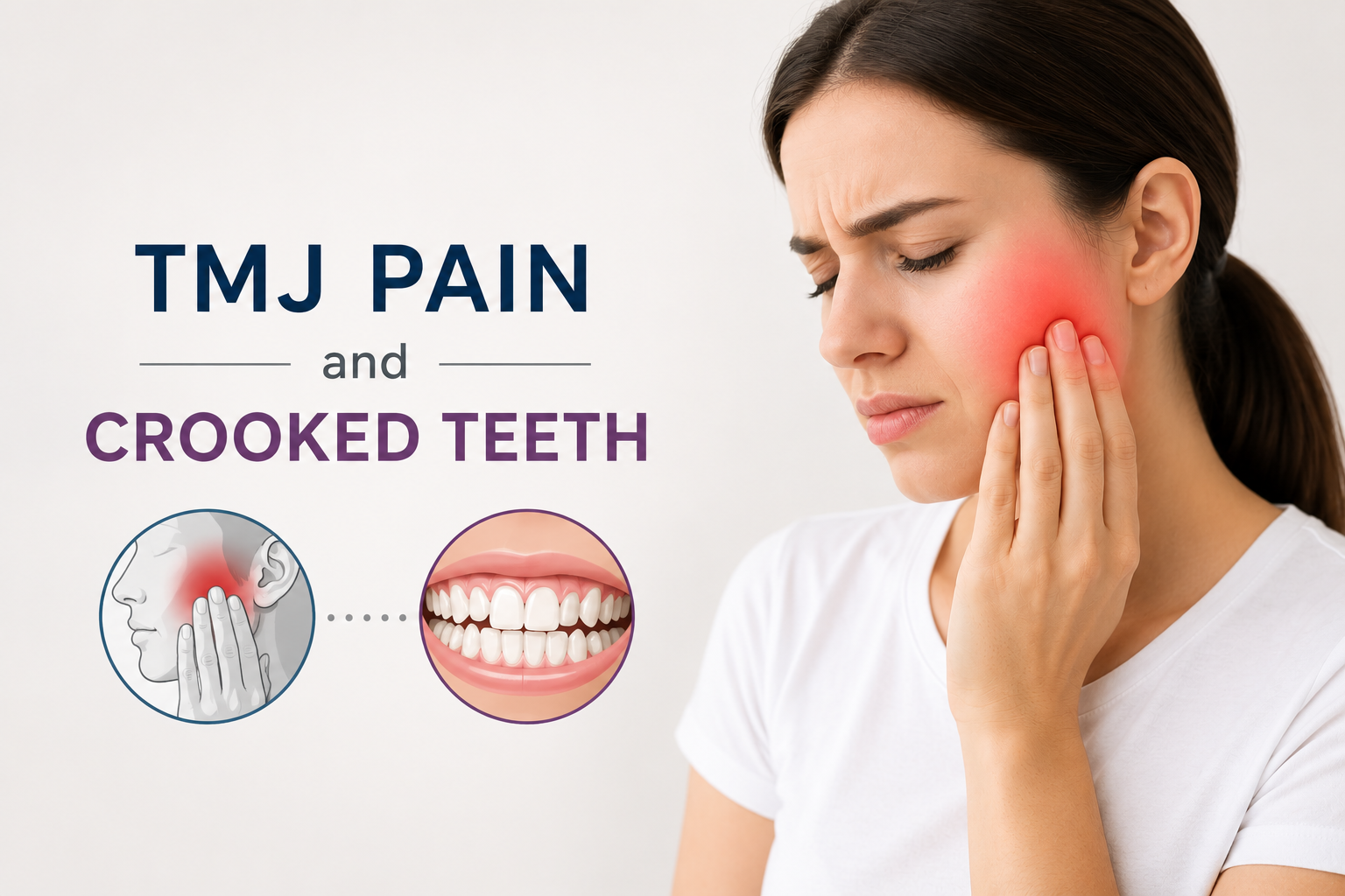 TMJ pain and crooked teeth illustration showing a woman with jaw pain and the impact of dental misalignment on jaw health.